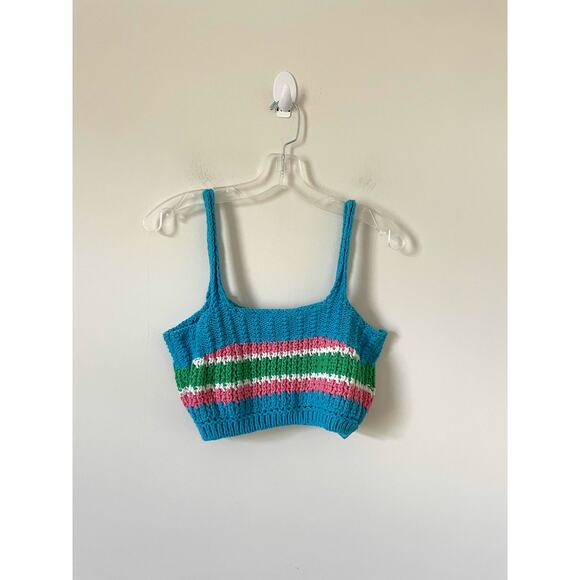 Zara Crochet Hippie 60s 70s Sweater Crop Tank Top Blue Green Pink Size Large - Picture 1 of 6